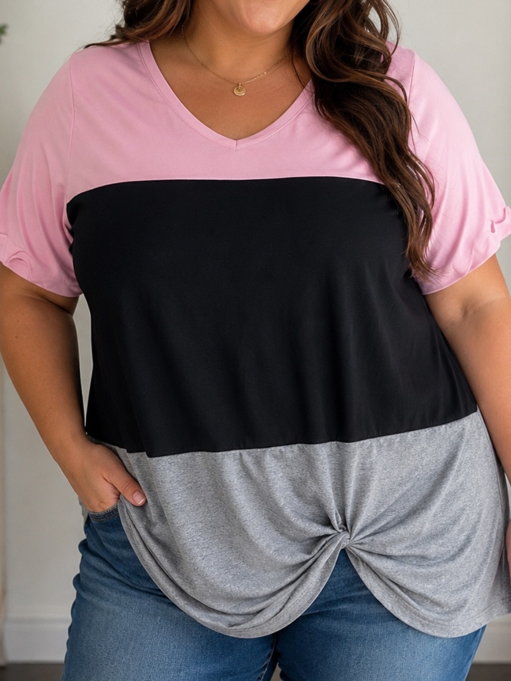 SHEIN Pink Black Gray Colorblock V-Neck Knot Front Tee